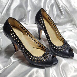 COLE HAAN black leather cut-out open toe high heel pumps with Nike Air SZ 7